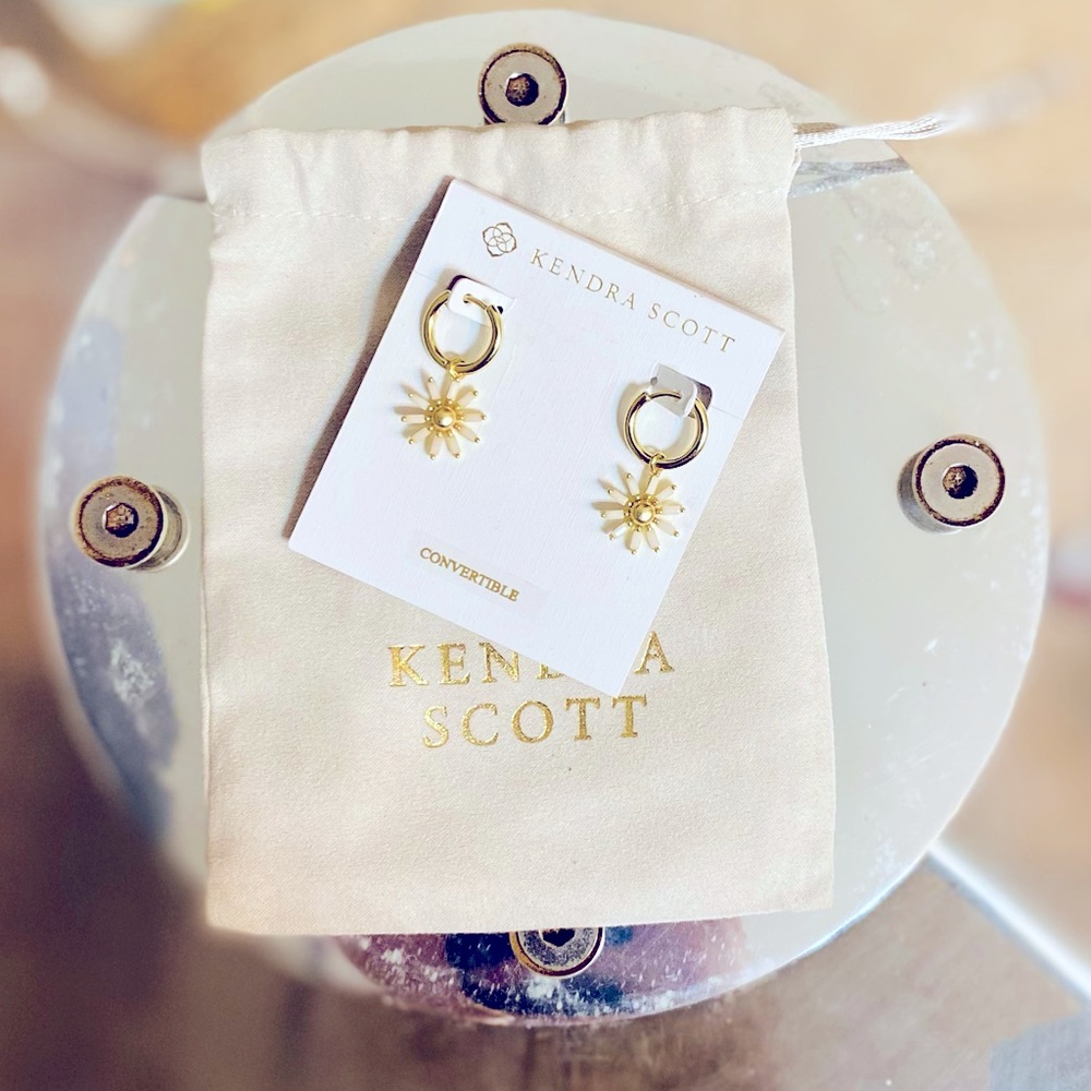 NWT Kendra Scott Madison Daisy Convertible Gold Huggie Earrings in White Crystal